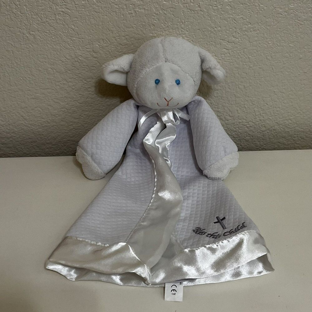 Mary Meyer White Lamb Satin Trim Security Blanket Bless this Child Lovey Lovie